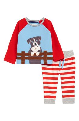 Mini Boden Puppy Appliqué Long Sleeve Top & Pants Set in Ivory/Fire Red Dog