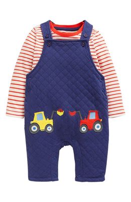 Mini Boden Quilted Overalls & Stripe T-Shirt Set in Starboard Blue Tractor