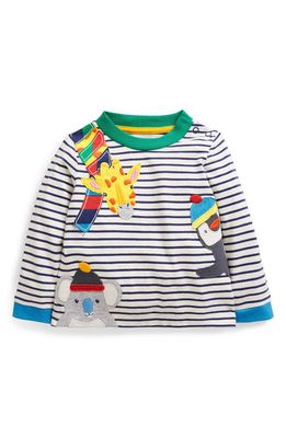 Mini Boden Stripe Appliqué Long Sleeve Cotton T-Shirt in Ivory/Navy Global Animals
