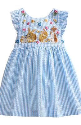 Mini Boden Stripe Embroidered Cotton Pinafore Dress in Ivory/Blue Ticking Bunny