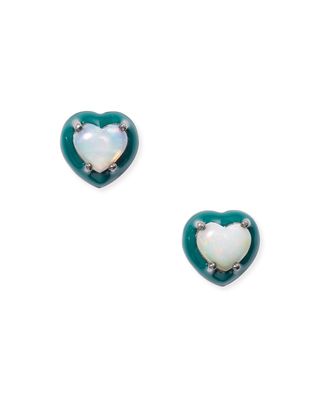 Mini Enameled Heart Stud Earrings, Ethiopian Opal