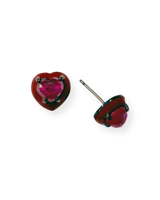 Mini Enameled Heart Stud Earrings, Ruby