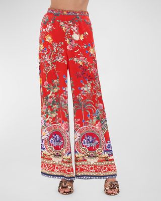 Minimal Floral Silk Wide-Leg Pants
