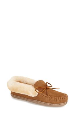 Minnetonka Alpine Genuine Shearling Slipper in Tan Suede