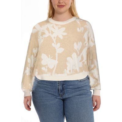 MINNIE ROSE Floral Cotton & Cashmere Crewneck Sweater in Brown Sugar/Starch 