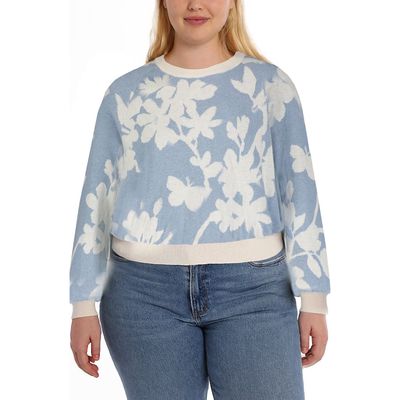 MINNIE ROSE Floral Cotton & Cashmere Crewneck Sweater in Fresco Blue/Starch 