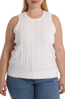 MINNIE ROSE Frayed Cable Knit Cotton Sweater Tank in White 