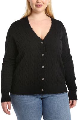 MINNIE ROSE Frayed V-Neck Cable Knit Cotton Cardigan in Black 