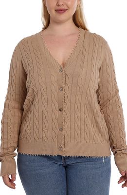 MINNIE ROSE Frayed V-Neck Cable Knit Cotton Cardigan in Brown Sugar 