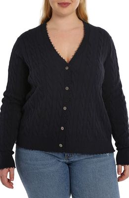 MINNIE ROSE Frayed V-Neck Cable Knit Cotton Cardigan in Navy 