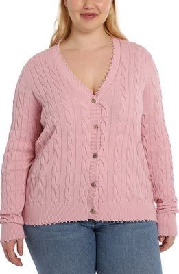 MINNIE ROSE Frayed V-Neck Cable Knit Cotton Cardigan in Pink Pearl 