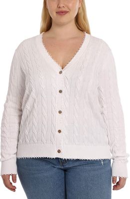 MINNIE ROSE Frayed V-Neck Cable Knit Cotton Cardigan in White 