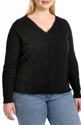 MINNIE ROSE Frayed V-Neck Cable Knit Cotton Sweater in Black 