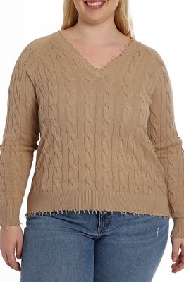 MINNIE ROSE Frayed V-Neck Cable Knit Cotton Sweater in Brown Sugar 