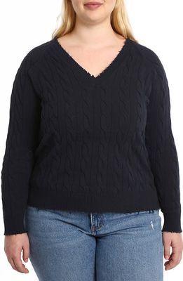 MINNIE ROSE Frayed V-Neck Cable Knit Cotton Sweater in Navy 