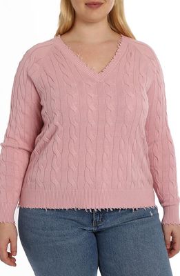 MINNIE ROSE Frayed V-Neck Cable Knit Cotton Sweater in Pink Pearl 