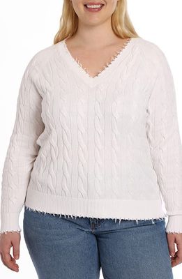 MINNIE ROSE Frayed V-Neck Cable Knit Cotton Sweater in White 