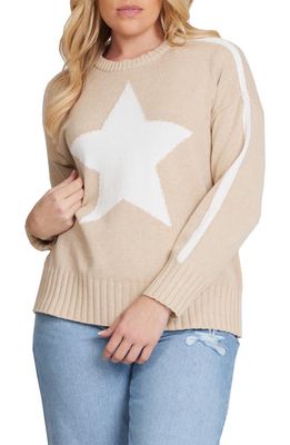 MINNIE ROSE Star Cotton & Cashmere Crewneck Sweater in Brown Sugar/White 