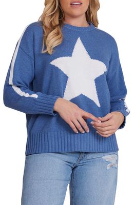 MINNIE ROSE Star Cotton & Cashmere Crewneck Sweater in Harbour Blue/White