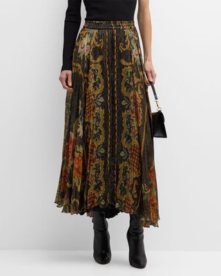 Mira Metallic Floral-Print High-Low Midi Skirt
