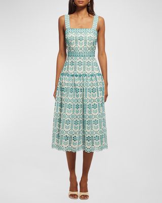 Mirabella Eyelet Embroidered Tiered Midi Dress