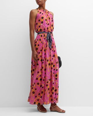 Miriam Pleated Polka-Dot Halter Maxi Dress