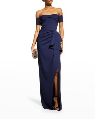 Mirla Off-The-Shoulder Draped Ruffle Gown