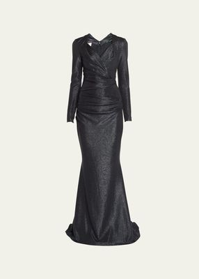 Mirrorball Long-Sleeve Draped Trumpet Gown