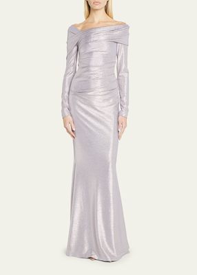 Mirrorball Stretch Off-the-Shoulder Draped Gown
