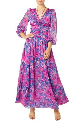 MISA Los Angeles Imelda Floral Print Ruched Maxi Dress in Watercolor Blues