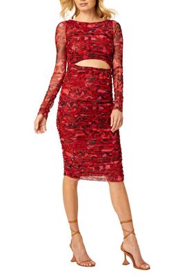 MISA Los Angeles Iselin Geo Print Cutout Long Sleeve Mesh Body-Con Dress in Crimson Geo Mesh