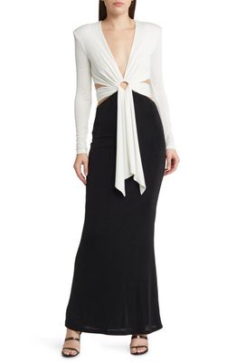 MISHA COLLECTION Aldina Plunge Neck Long Sleeve Knit Mermaid Gown in Ivory Black