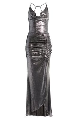 MISHA COLLECTION Kamari Metallic Ruched Gown in Silver