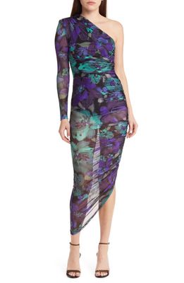 MISHA COLLECTION Ramona One-Shoulder Single Long Sleeve Cocktail Dress in Watercolour Floral