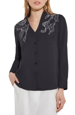 Misook Abstract Embroidered Button-Up Shirt in Black/white