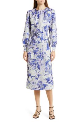 Misook Belted Floral Puff Long Sleeve Dress in Strm Wisteria Mink Prl Gry Blk