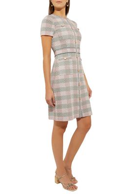 Misook Bold Plaid Tweed Sheath Dress in Rose Petal/Macchiato/