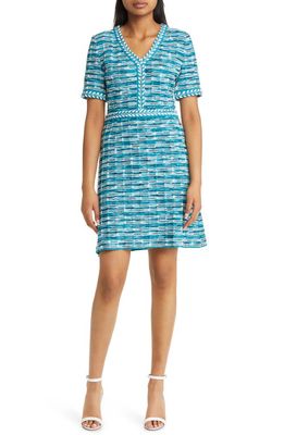 Misook Braided Trim Tweed A-Line Dress in French Blue/New Ivory/Black