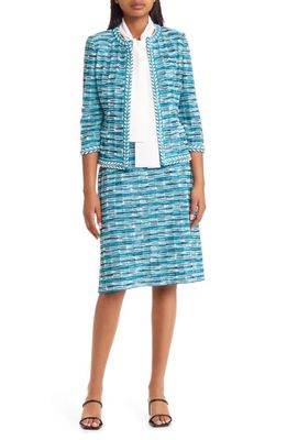 Misook Braided Trim Tweed Jacket in French Blue/New Ivory/Black