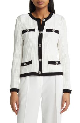 Misook Contrast Detail Cable Cardigan in Black/White