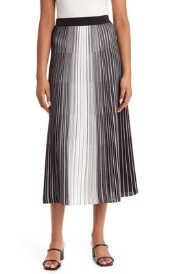 Misook Contrast Stripe Pleated Knit Midi Skirt in Black/New Ivory