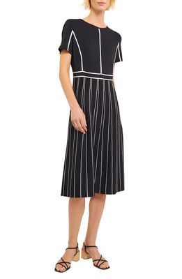 Misook Contrast Stripe Soft Knit Fit & Flare Dress in Black/White