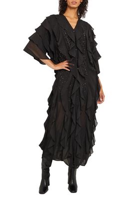 Misook Embellished Tiered Ruffle Chiffon Maxi Dress in Black