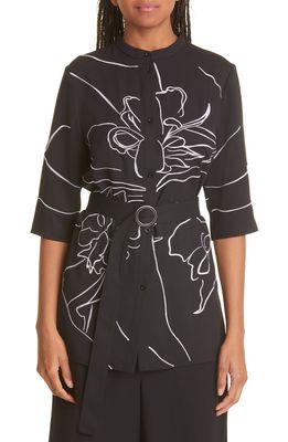 Misook Embroidered Belted Tunic Blouse in Black/New Ivory