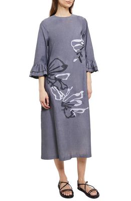 Misook Embroidered Floral Cotton Blend Dress in Grey/Black/White