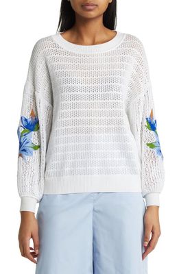 Misook Embroidered Pointelle Sweater in Wht/Sky/Mul