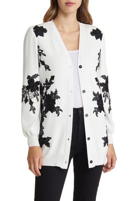 Misook Floral Appliqué Cardigan in Black/White