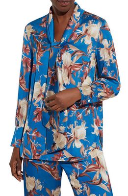 Misook Floral Crêpe de Chine Blouse in Lyons Blu/sand/russet/biscotti