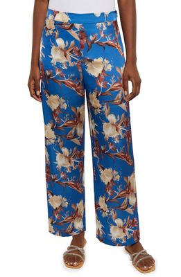 Misook Floral Crêpe de Chine Wide Leg Pants in Lyons Blu/sand/russet/biscotti