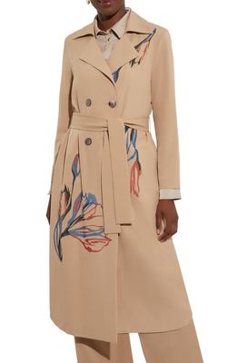 Misook Floral Embroidered Belted Double Breasted Trench Coat in Sand/russet/biscotti/lyons